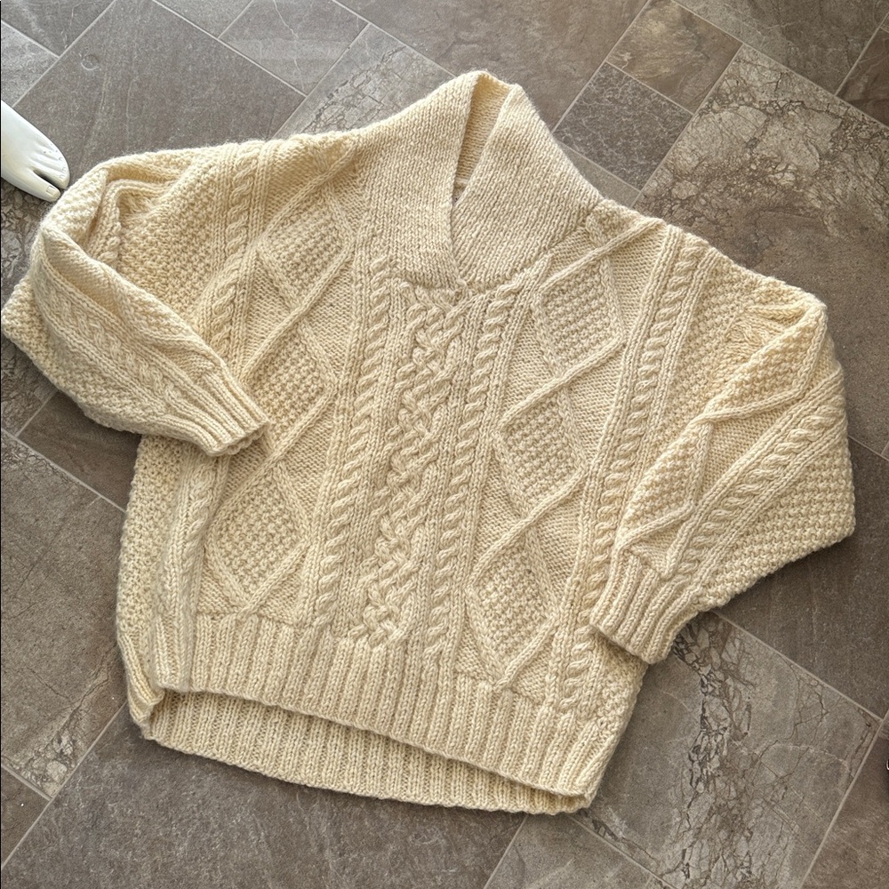 VTG Ivory Romney Cozy Cream Cable Knit fisherman’s shawl neck homemade Sweater